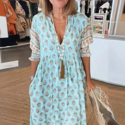 Boho V-neck Lantern Sleeve Dress
