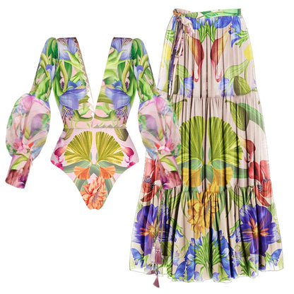 One Piece Swimsuit and Skirt Set