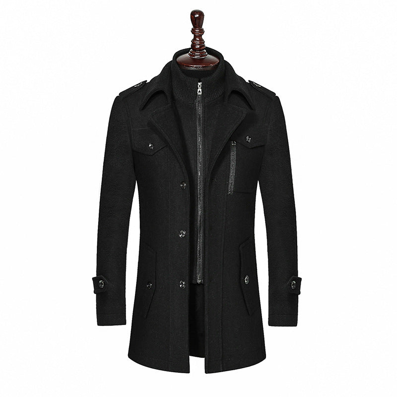 Men's Woolen Coat Double Collar  Zipper Jacket