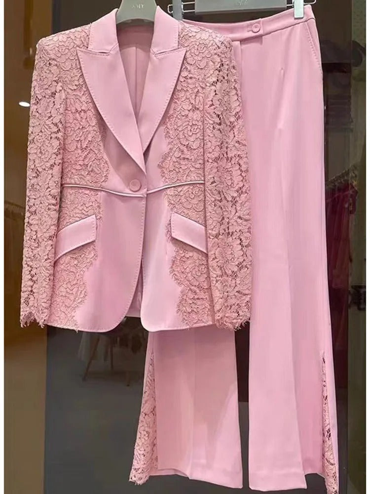 High Street Designer Lace Blazer & Flare Pants Set
