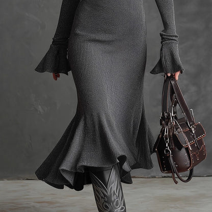 Elegant Graceful Zipper & Lapel Bell-Sleeve Knitted