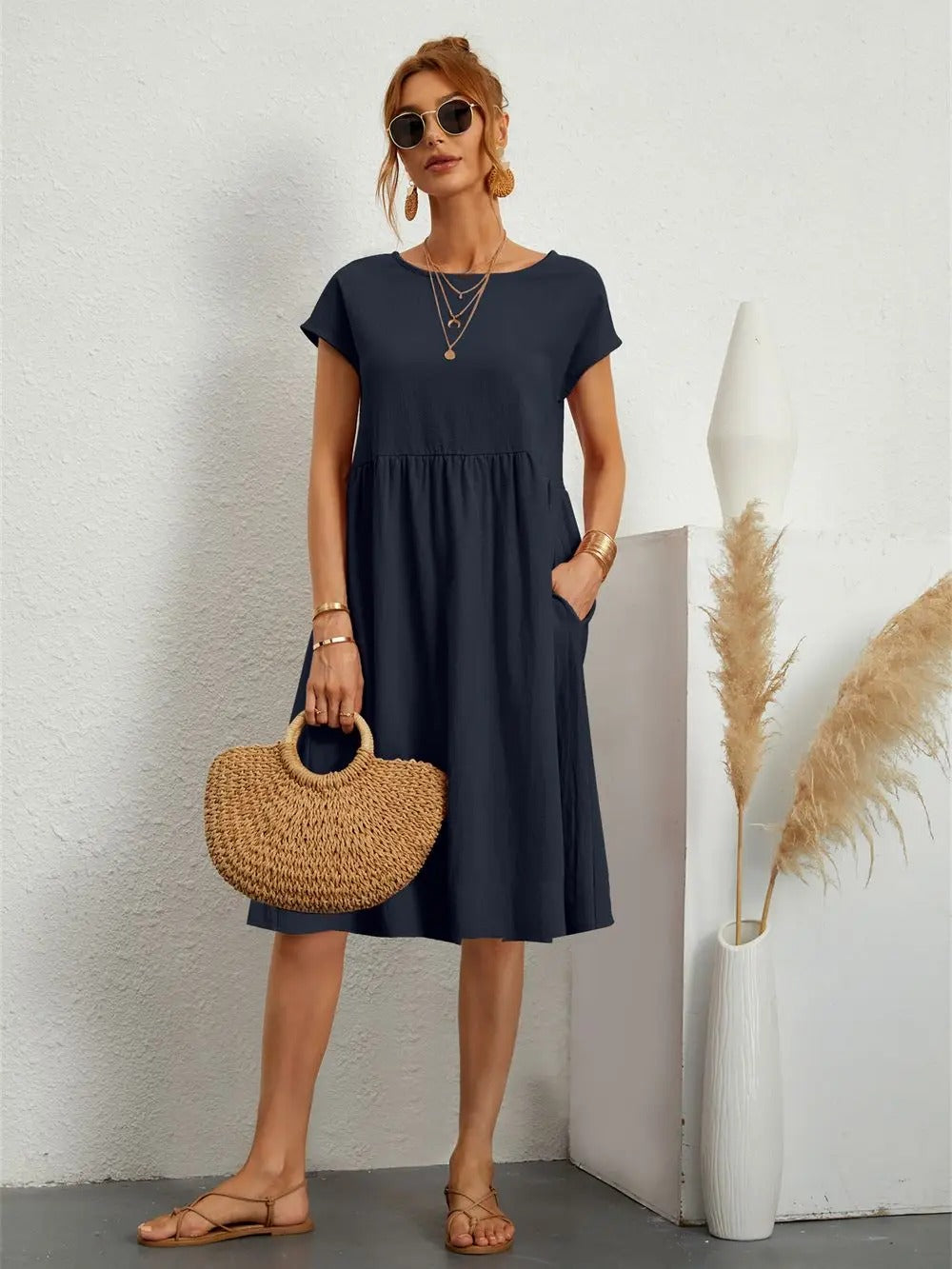 Women’s Vintage O-Neck Casual Summer Dress with Pockets