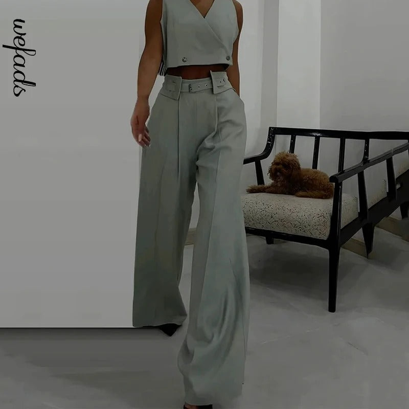 V-Neck Sleeveless Pants Set
