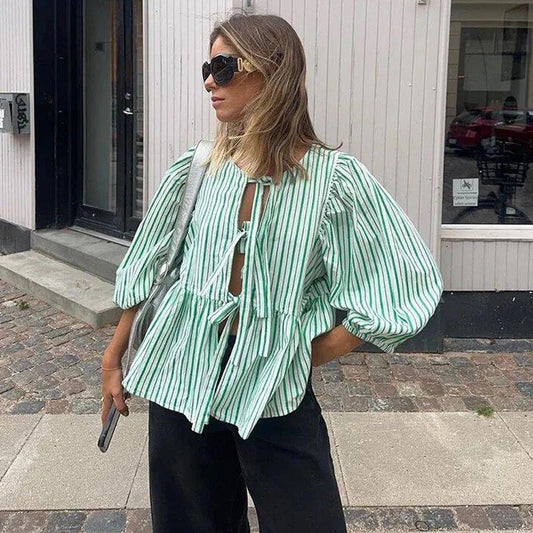 Striped Bow Puff Blouse
