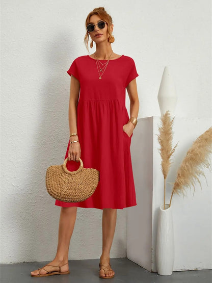 Women’s Vintage O-Neck Casual Summer Dress with Pockets