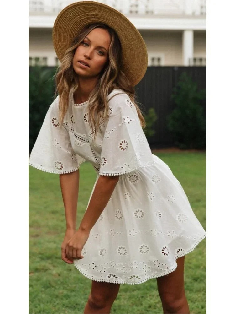 Embroidered Bloom Backless Cotton Dress