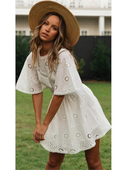 Embroidered Bloom Backless Cotton Dress