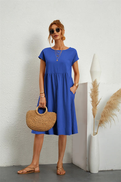 Women’s Vintage O-Neck Casual Summer Dress with Pockets