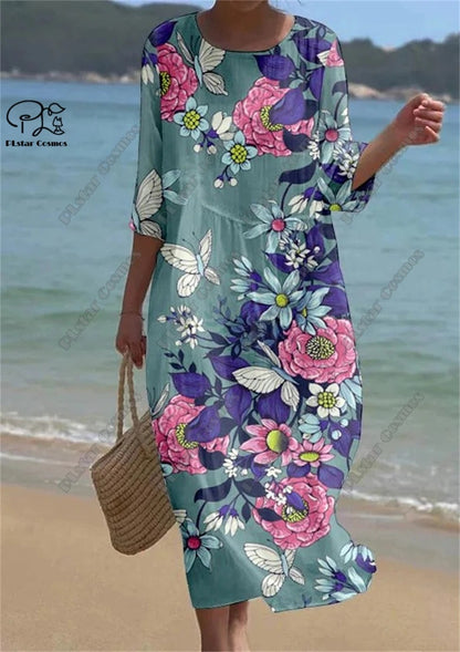 Vintage Floral 3D Printed Midi Dress