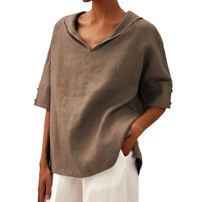 Solid Cotton Linen Hooded Blouse
