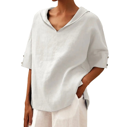 Solid Cotton Linen Hooded Blouse