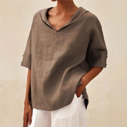 Solid Cotton Linen Hooded Blouse