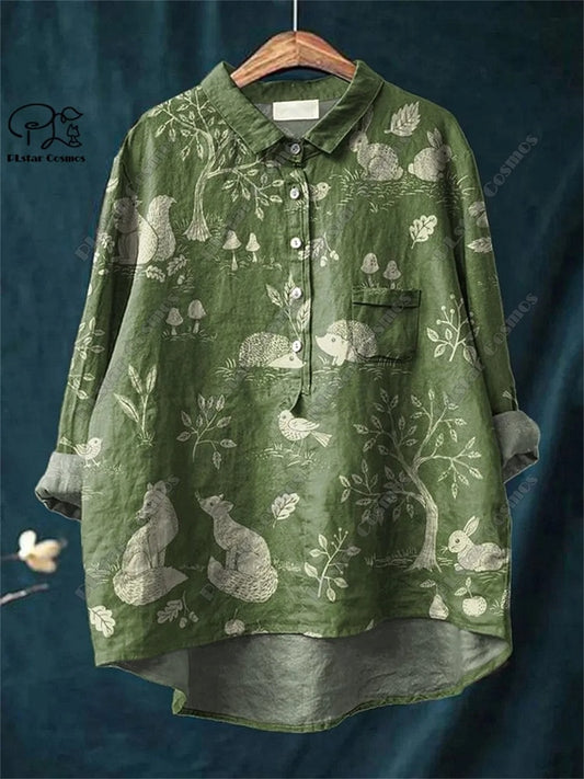 Retro Rabbit Bird Peacock Print Open Tube Shirt