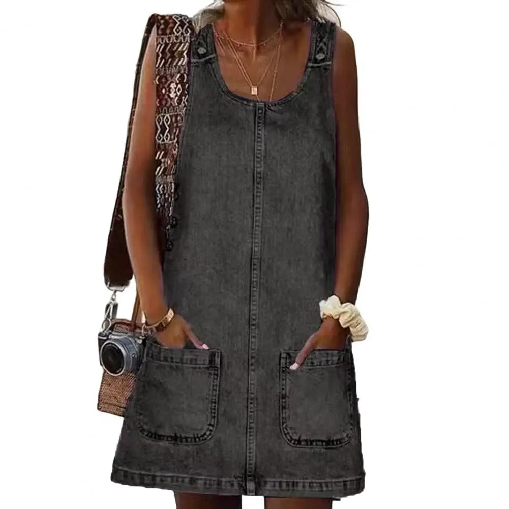 Solid Color Faux Denim Mini Dress