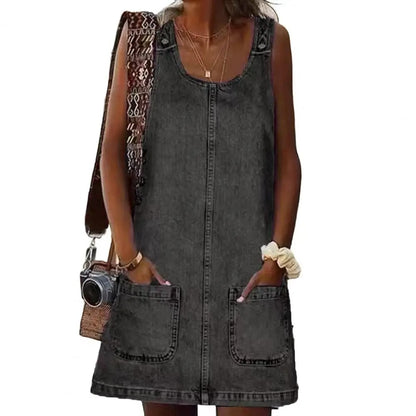 Solid Color Faux Denim Mini Dress