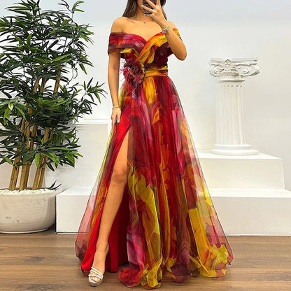 Vintage One-Shoulder Pleated Mesh Dress
