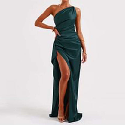 Elegant One-Shoulder Satin Slit Dress Rich Allure