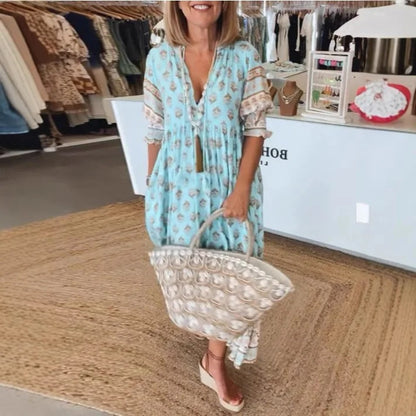 Boho V-neck Lantern Sleeve Dress