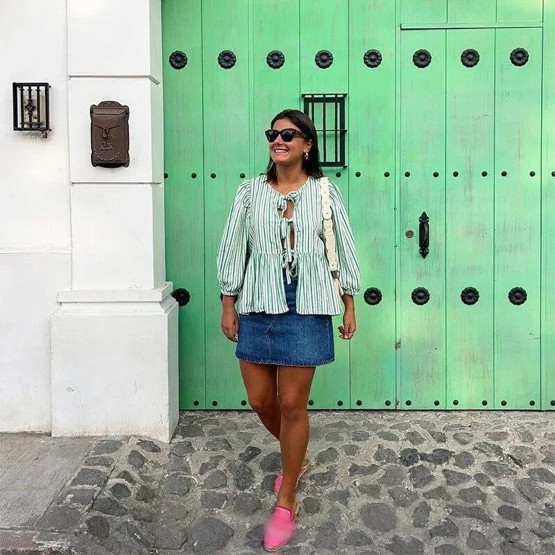 Striped Bow Puff Blouse