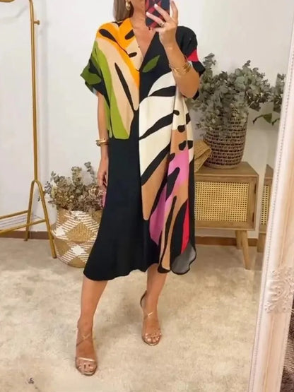 Printed V Neck Loose Summer Dress