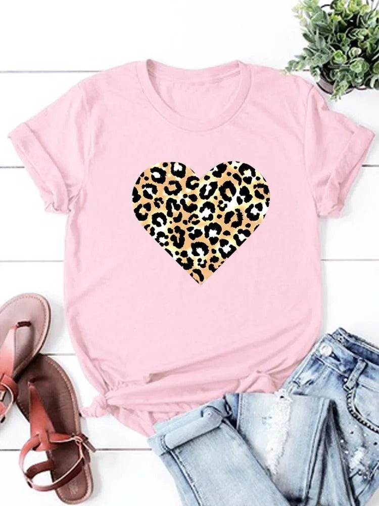 Funny Leopard Heart Print T-Shirt