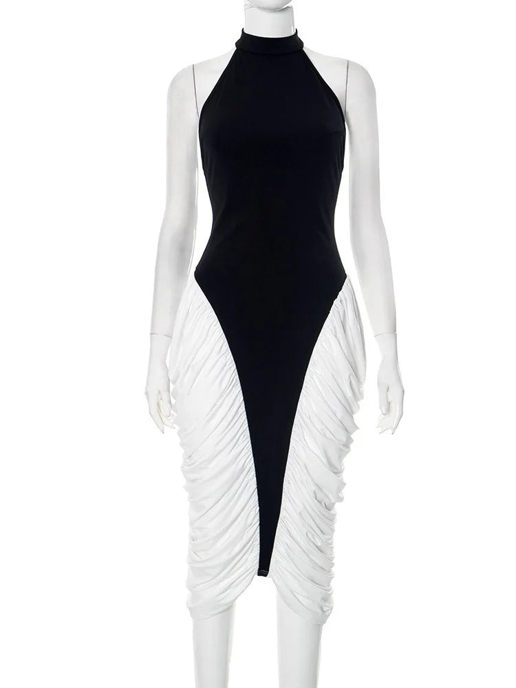 Elegant Patchwork Halter Midi Dress