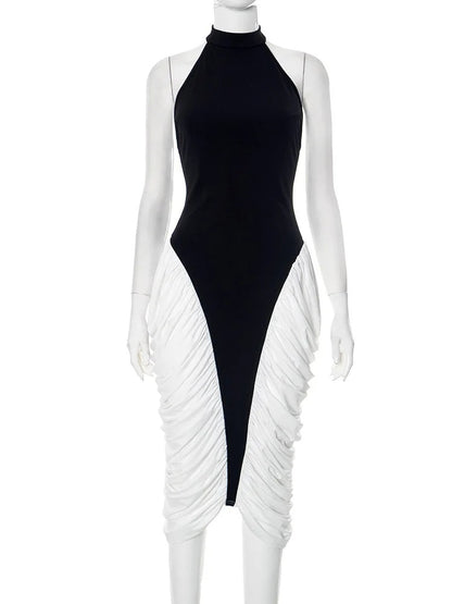Elegant Patchwork Halter Midi Dress