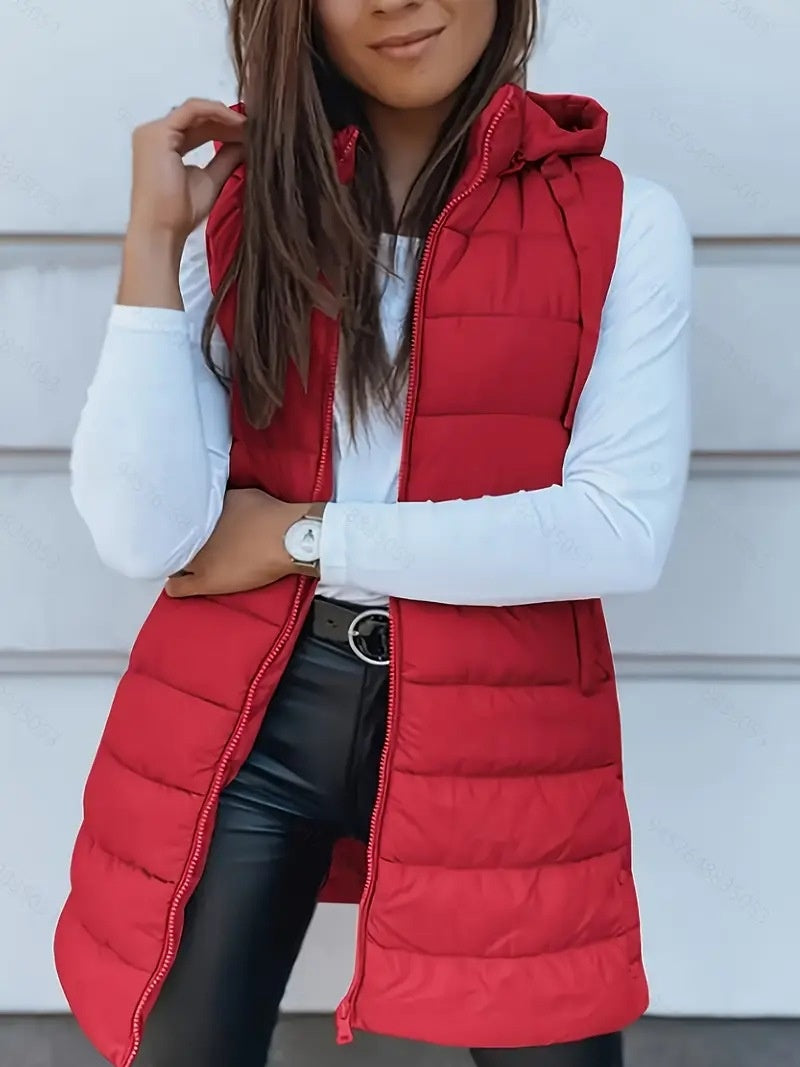 Solid Color Hooded Quilted Zipper Cotton Vest Coat
