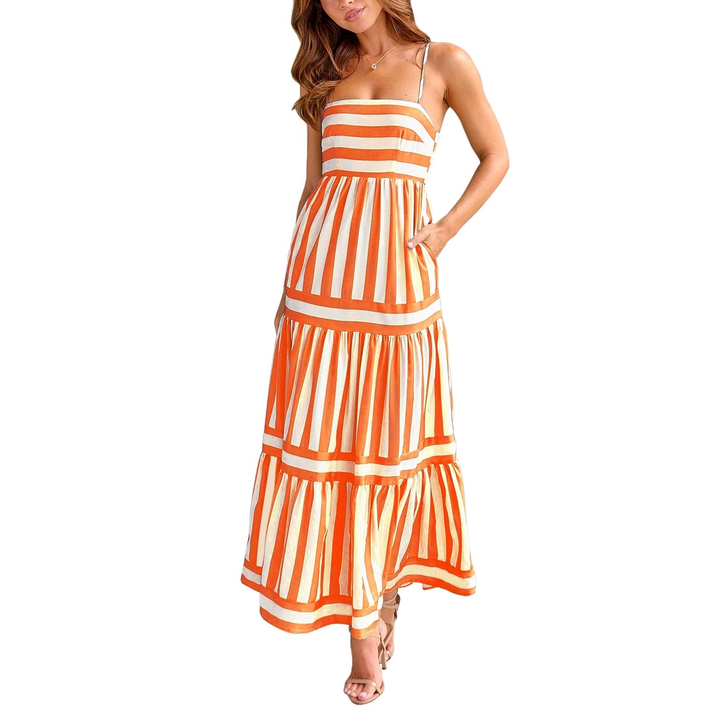 Chic Striped Tiered Midi Slip Dress