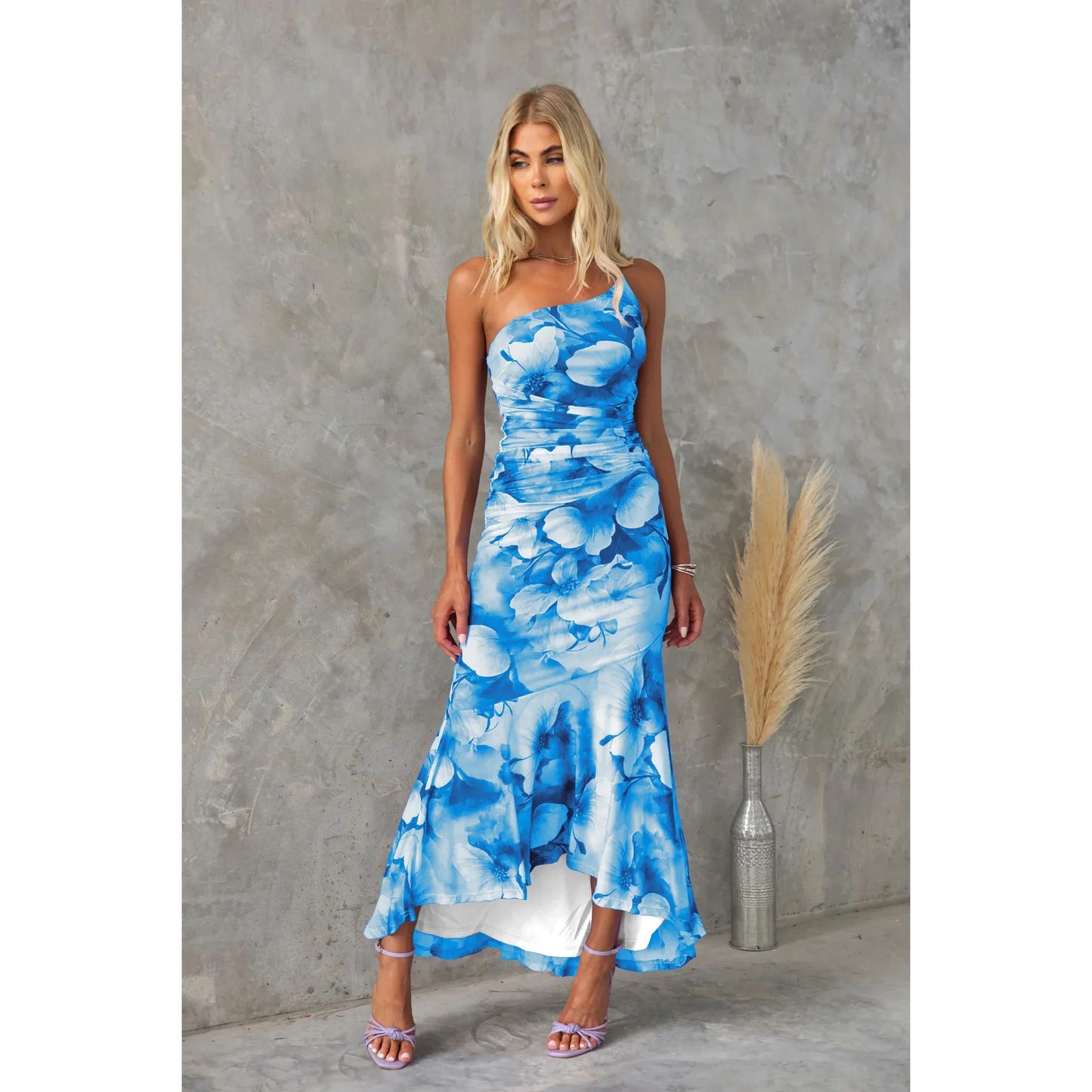 One-Shoulder Floral Ruffle Maxi Dress