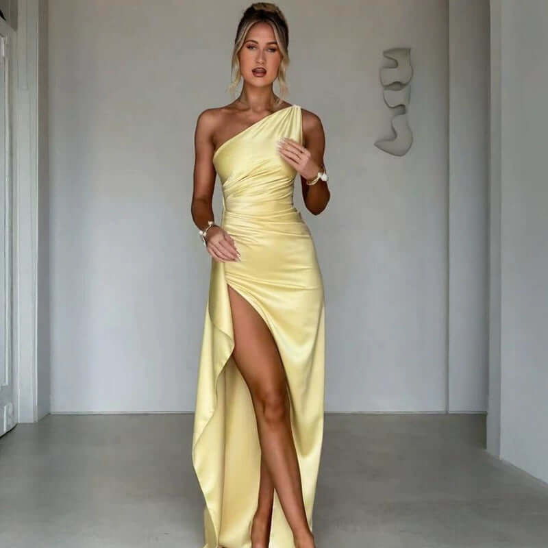 Elegant One-Shoulder Satin Slit Dress Rich Allure