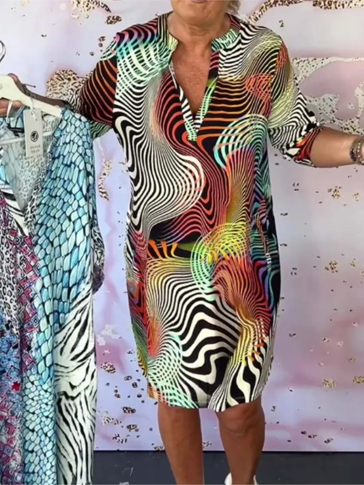 Print Aura Elegant V-Neck Sweater Dress