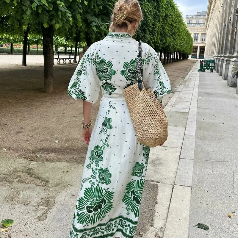 Emerald Glow Women's V-Neck Boho Maxi Dress