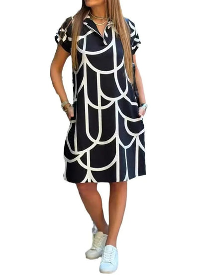 Elegant Summer V-Neck Printed Dress with Pockets