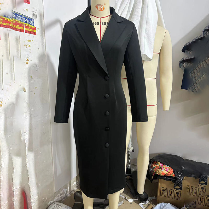 Women’s Solid Color V-Neck Blazer Midi Dress