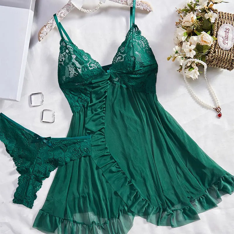 Lace V-Neck Tulle Lingerie Set