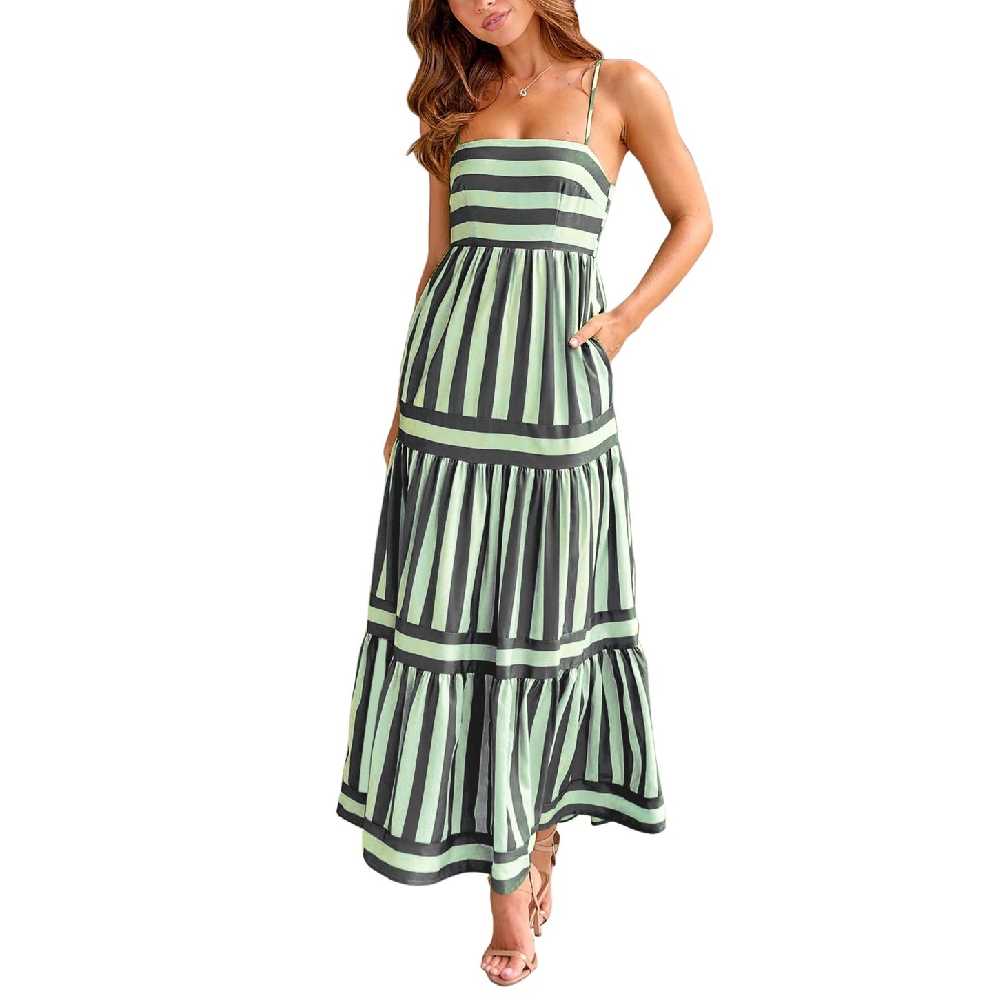 Chic Striped Tiered Midi Slip Dress
