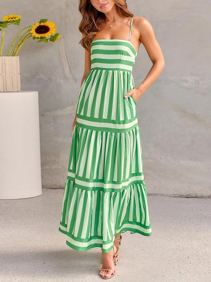 Chic Striped Tiered Midi Slip Dress