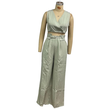 V-Neck Sleeveless Pants Set