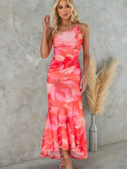 One-Shoulder Floral Ruffle Maxi Dress
