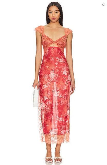 Rose Whisper Lace Floral Slit Dress