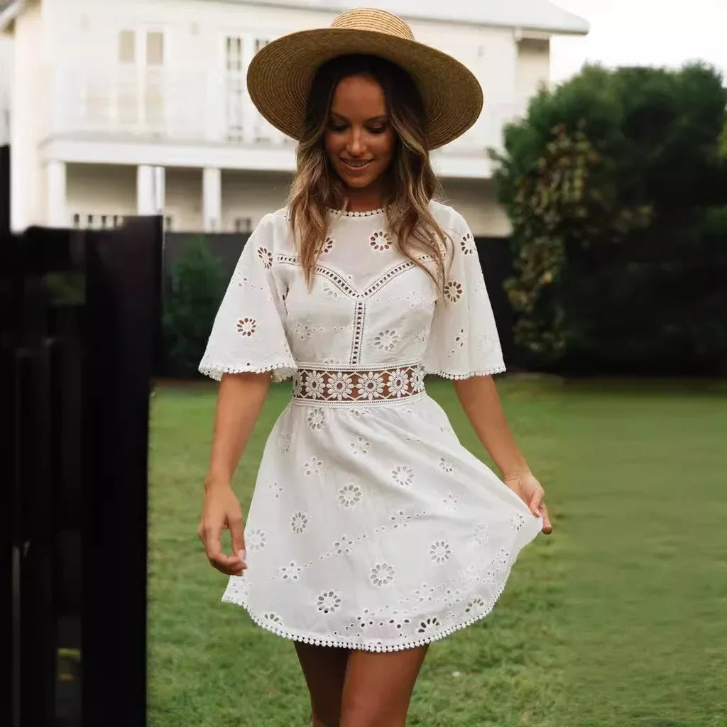 Embroidered Bloom Backless Cotton Dress