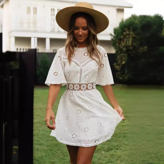 Embroidered Bloom Backless Cotton Dress