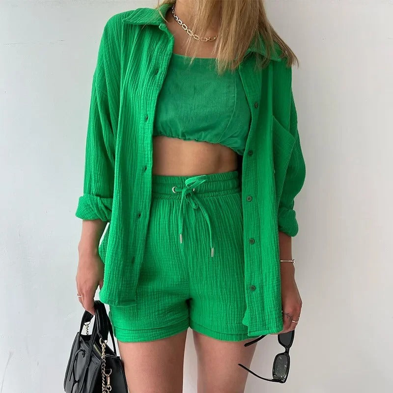 Two-Piece Button Up - Shorts & Vest Blouse