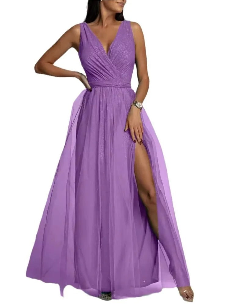 Elegant Mesh V-Neck Slit Dress