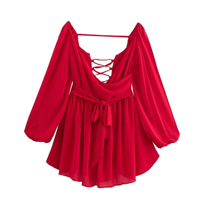Chic Backless Pleated Tie Mini Dress