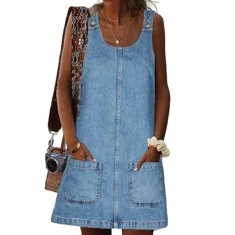 Solid Color Faux Denim Mini Dress