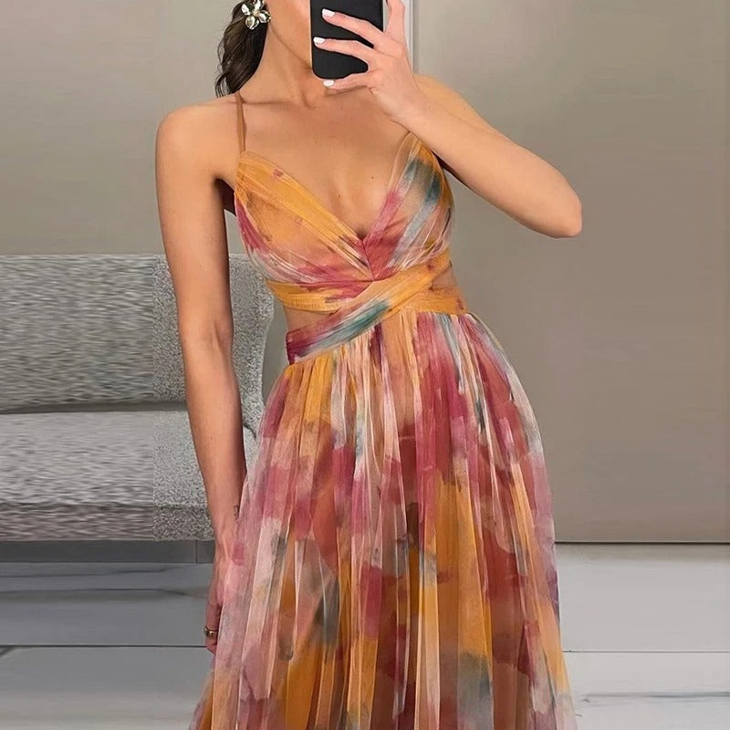 Elegant Print Pleated Mesh Evening Dress