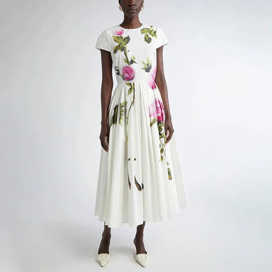 FloraRetro Pleated Satin Midi Dress