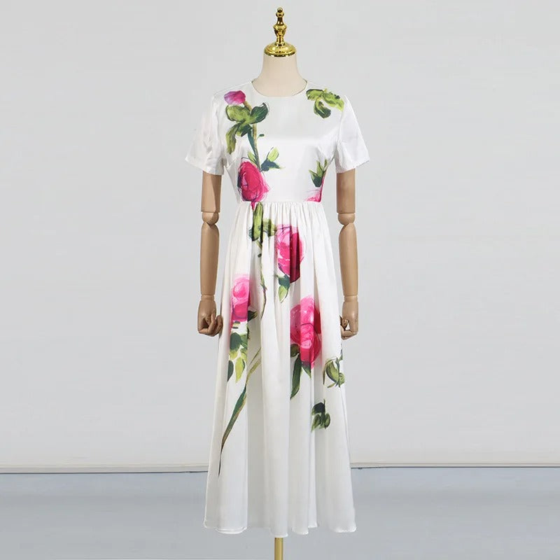 FloraRetro Pleated Satin Midi Dress